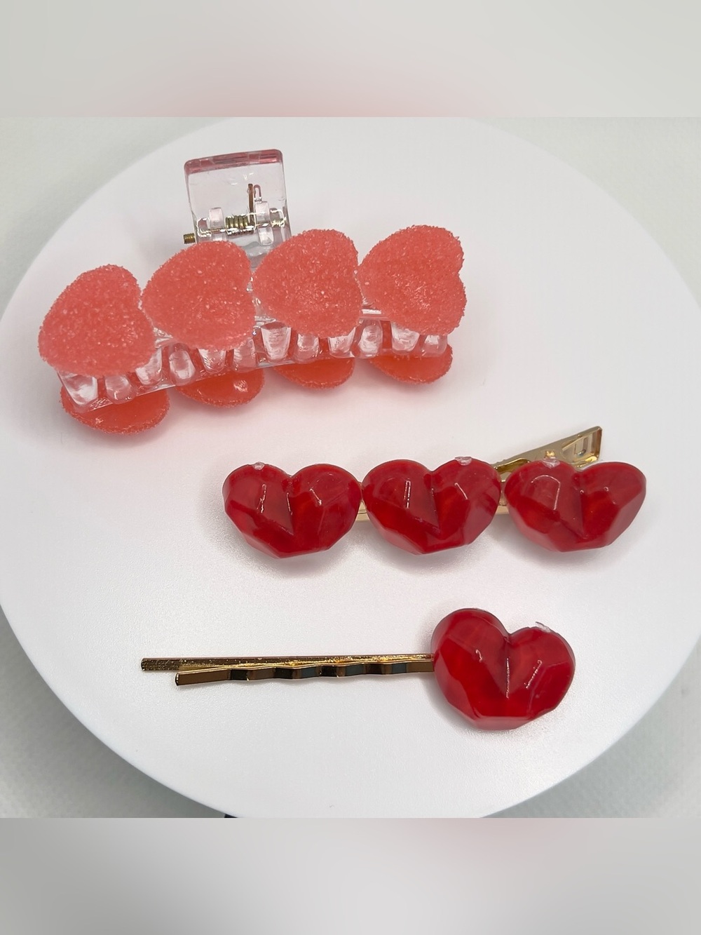 Cute Red and Pink Heart Hair Clips Set – Resin & Candy Style - Boutique